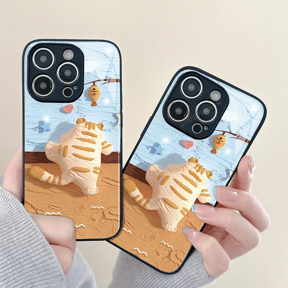 

Oil Painting Wall Climbing Cat Glass Phone Case For iPhone 14 13 12 11 Pro Max Mini XS Max X XR 7 Plus Se2 Protection Back Cover