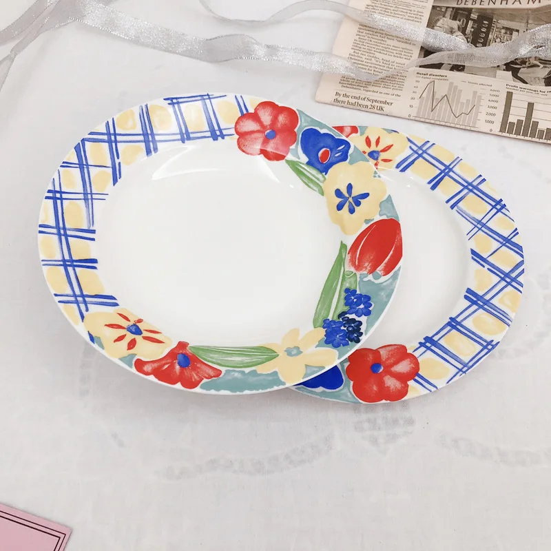 

Korean Ins Retro Hand-painted Oil Painting Checkered Ceramic Soup Plate Western Food Plate Household Cake Steak Dessert Plate