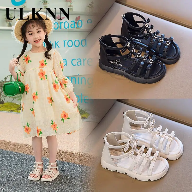 

Girls' Roman Sandals Children's Summer New Soft-soled Black Shoe Princess Flat Sandals High Tube Strap Baby White Sandals