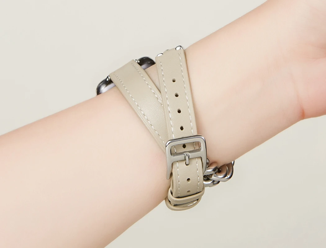 Genuine Leather Strap for Apple Watch Band Series 8 Stainless steel leather bracelet Leather Gourmette Metal Double Tour Strap