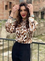 brown leopard print women blouse 2022 fashion spring summer long sleeve turn down collar basic office ladies shirts tops new