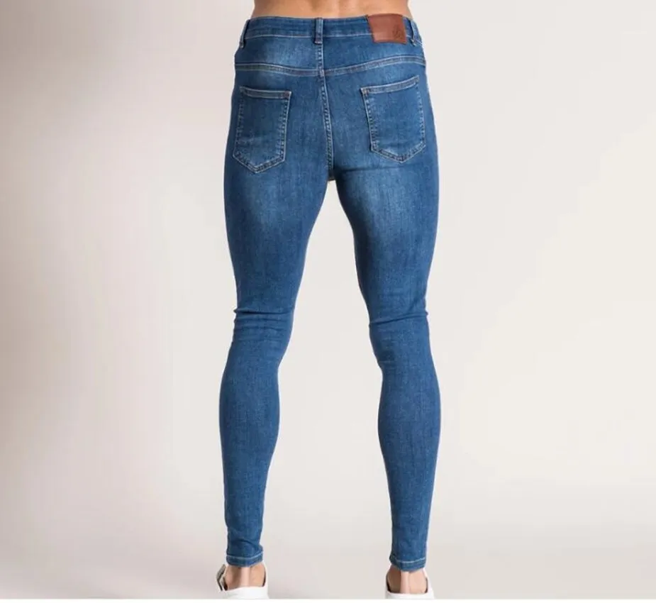 Fashion Men's Stretch skinny Jeans Blue Ripped  Solid Color Slim Pencil Pants Casual Hole Design Denim Streetwear