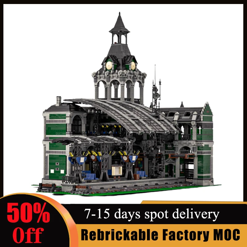 

MOC-37719 Modular Train Station Building Blocks Set Architecture Railway Station Bricks Street View Toys For Children Xmas Gifts
