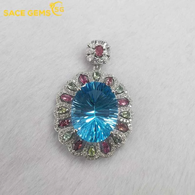 

SACE GEMS Luxury Pendant for Women 925Sterling Silver 15*20mm Swiss Blue Topaz Pendant Necklace Wedding Party Fine Jewelry Gifts