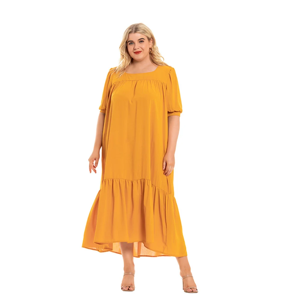 

Plus Size Fat Women Vacation Dress Loose Short Sleeve Ruffle 2022 Cheap Casual Summer Solid Square Neckline XL-5XL Without Belt
