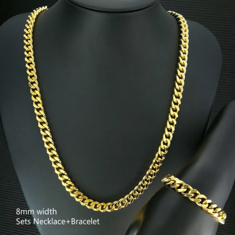 

8mm Width Classic Mens Sets Necklace + Bracelet GF Vacuum Coating