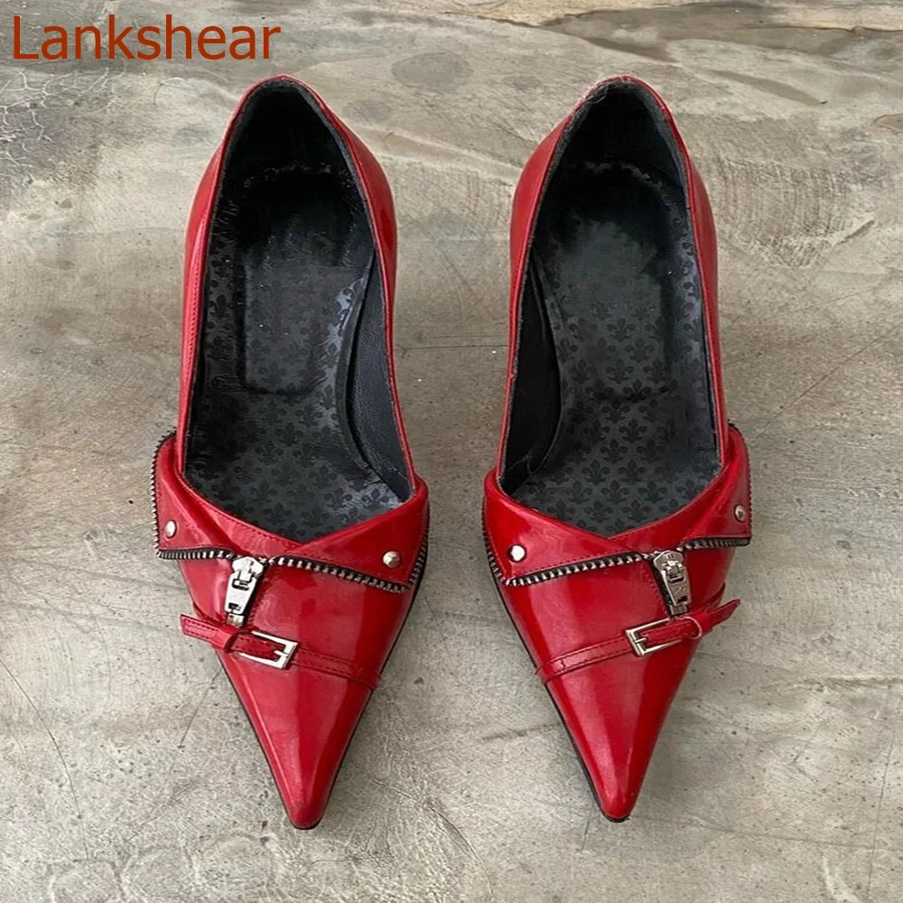 Женские туфли на молнии с острым носком однотонные тонком каблуке без застежки