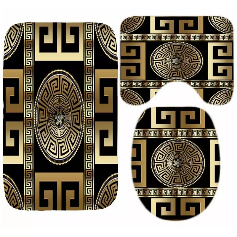 

Luxury Black Gold Greek Key Meander Border Bath Rug Set Modern Geometric Ornate Bathroom Door Mat for Toilet Floor Carpet Decor