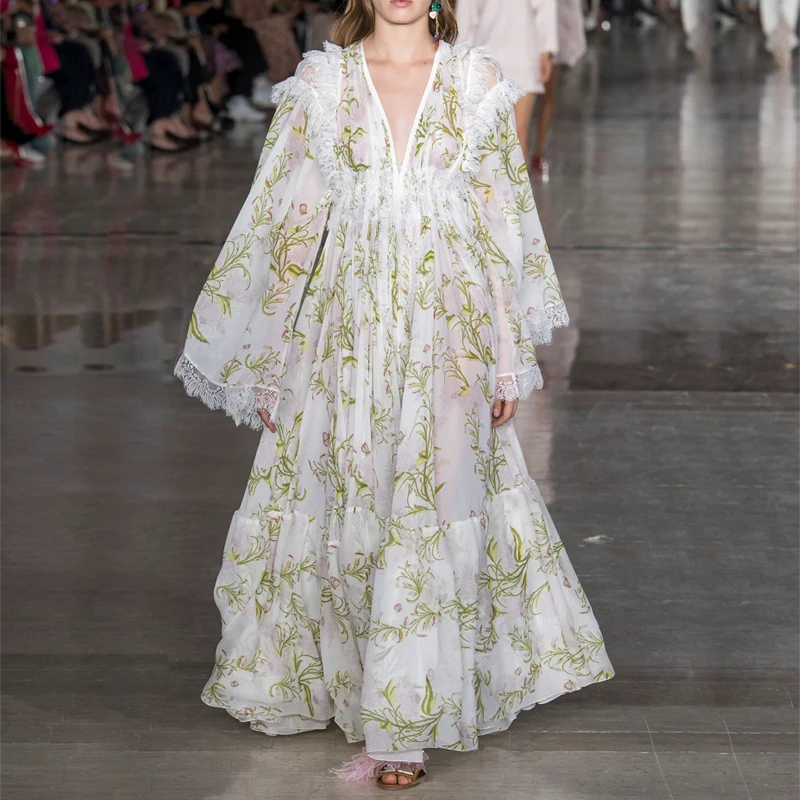 

Runway Designers Dress 2022 Bohemian V-neck Floral Printed Long Dresses Womens Summer Chiffon Robe Longue