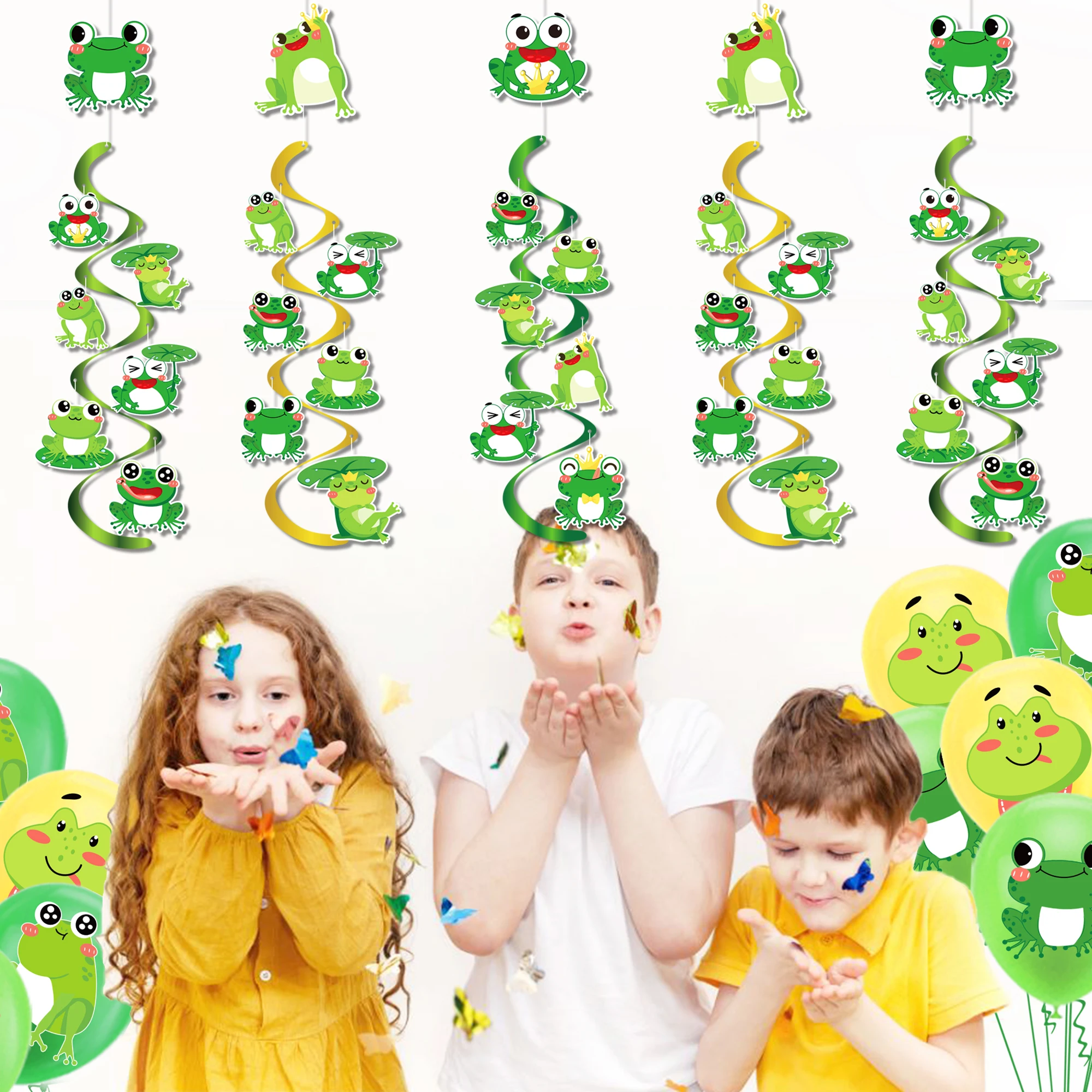 

21pcs Ceiling Hanging Swirl Cartoon Frog Baby Shower Birthday Party Hanging Spiral Pendant Outdoor Background Wall Decoration