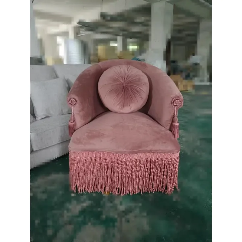 Одноместный бархатный стул желтого цвета французское ретро кресло с бахромой