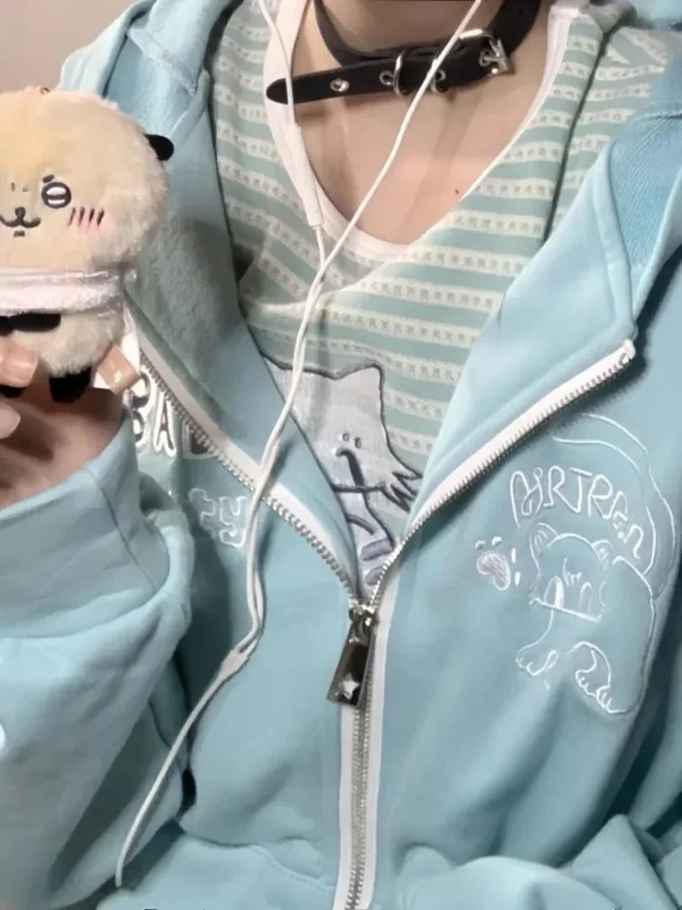 Фото Deeptown Harajuku толстовки в японском стиле женские Y2k Kawaii Лолита пальто на молнии большие размеры милые аниме толстовки с вышивкой повседневные №2