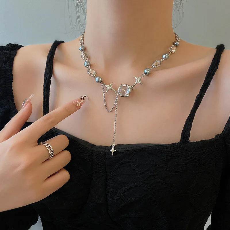 

Moonlight zircon cross tassel necklace silver Color female ins hip-hop hot girl stitching accessories 2022 new accessories