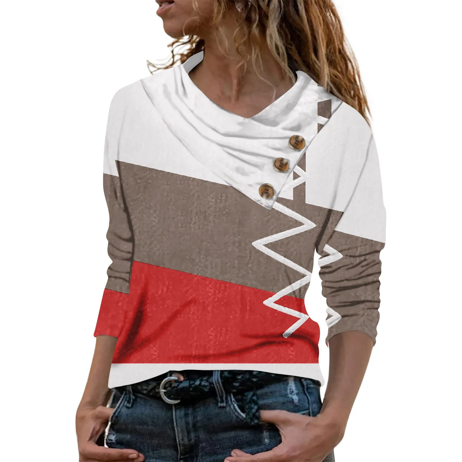 

Retro Women's Tops Casual Buttons Neck Long Sleeve T Shirt Fashion Printed Trendy Color Block Patchwork Blouses Female Tees