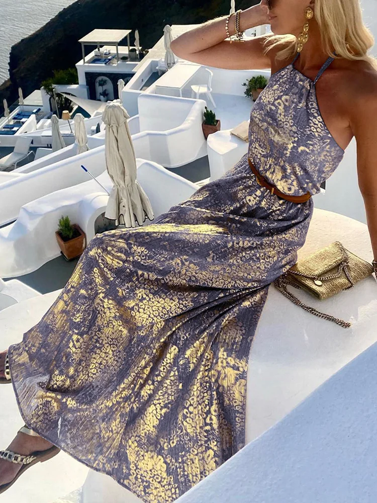 

Party Dress Beach Style Women Summer Halter Sleeveless Solid Elegant Maxi Dress Backless Fashion Loungewear Ladies Dress Vestido