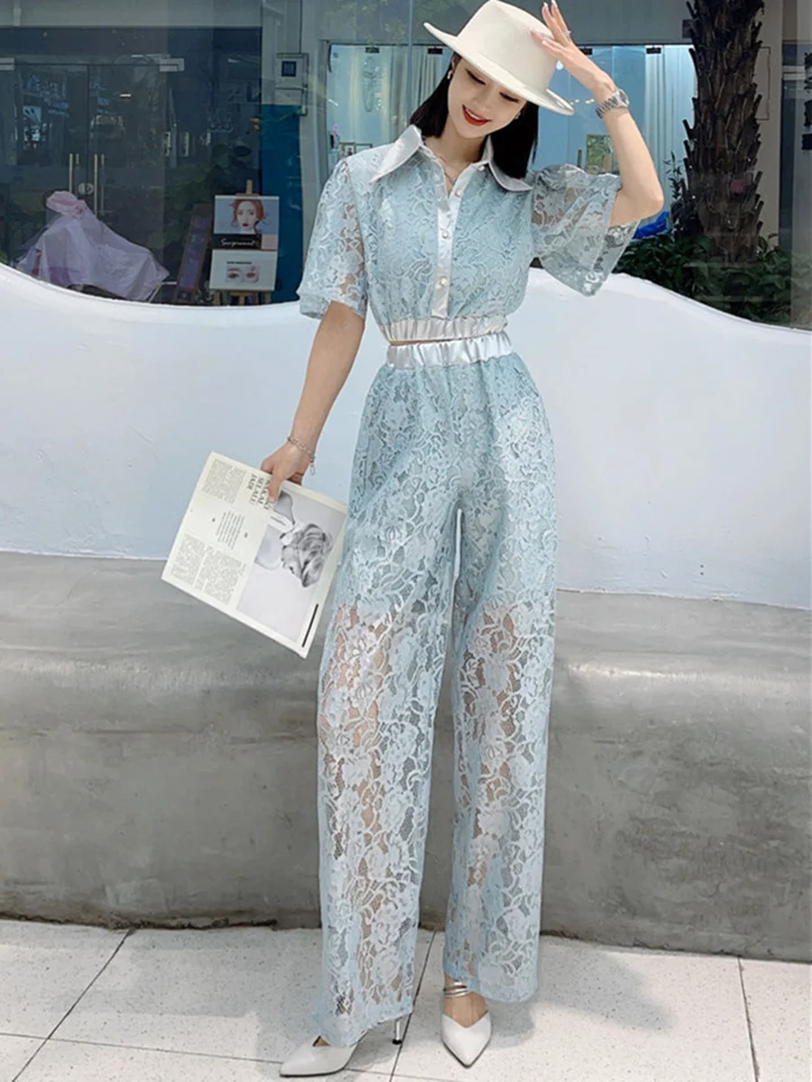 

2 Piece Sets Womens Lace Pants Outfits Ladies Lapel Short Sleeve Sexy Lace Tops And High Waist Wide Leg Long Pants Suits