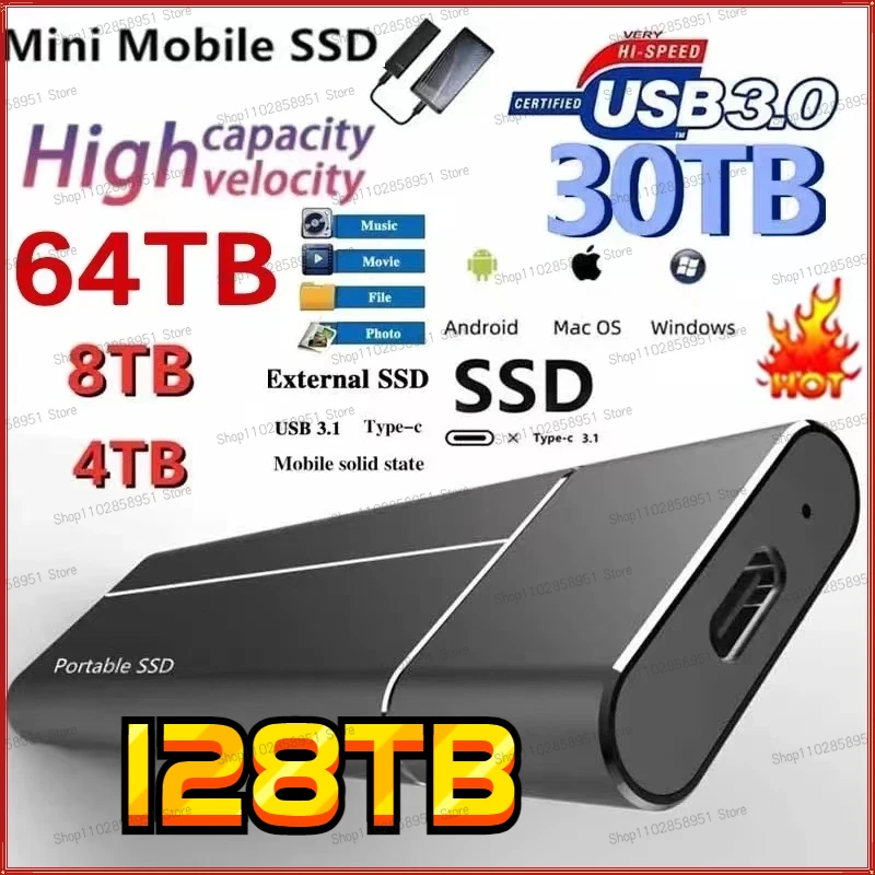 

Portable 128TB High Speed SSD Hard Drive 1TB 2TB 4TB 8TB External Solid State Drive USB 3.0 Type-C 16TB Hard Disks For Laptops