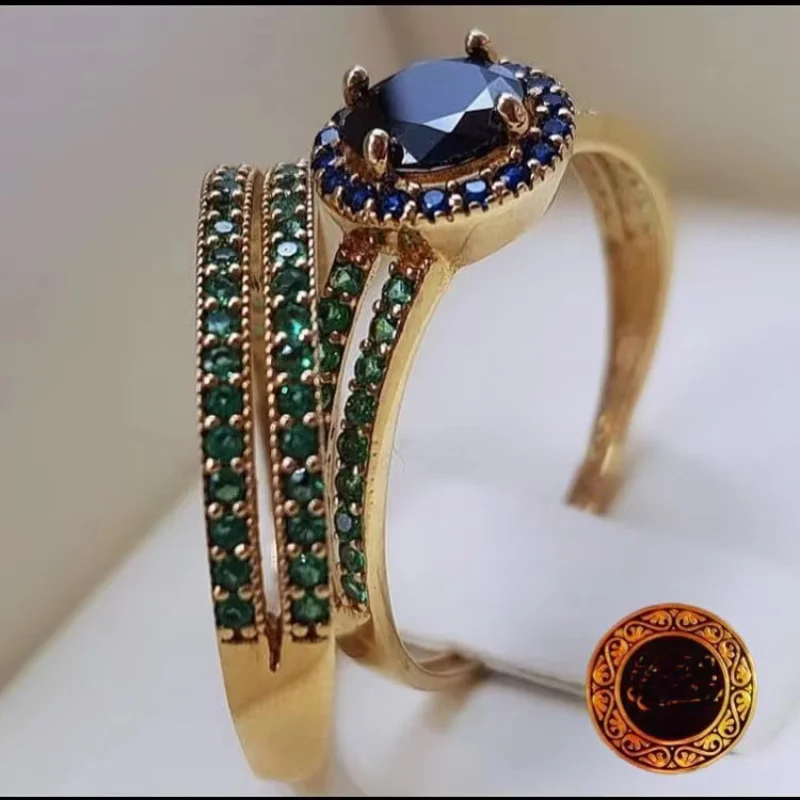 

New Zircon Inlaid Round Blue Diamond Gold Women's Ring Set for Middle East, Europe and America