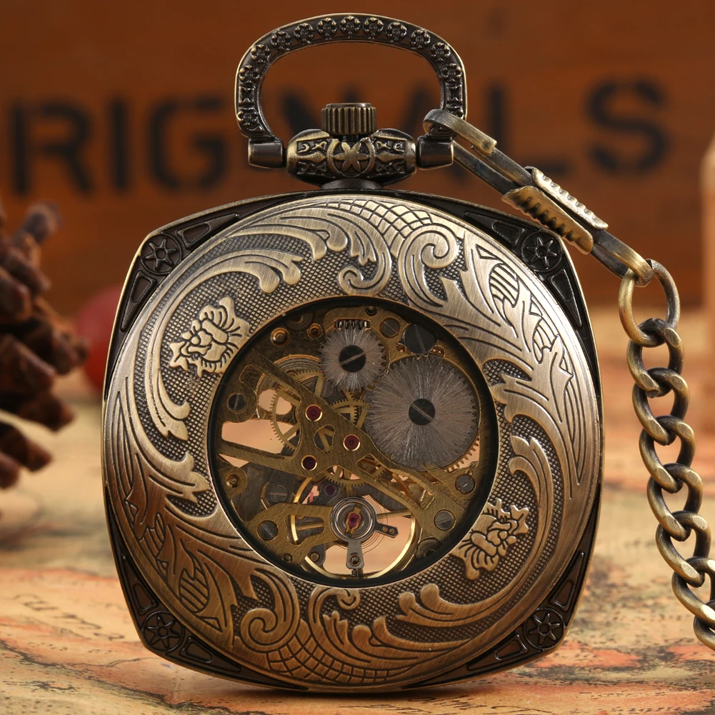 Open Face Square Bronze Mechanical Pocket Watch Fob Chain Manual Mechanism Pendant  Exquisite Vintage Antique Timepiece Male