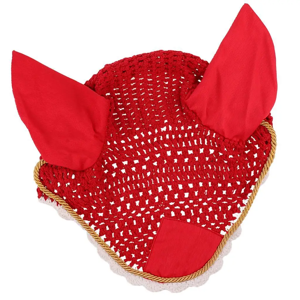 

Soft Cotton Hand Crochet Breathable Fly Veil with Ears for Horse Red