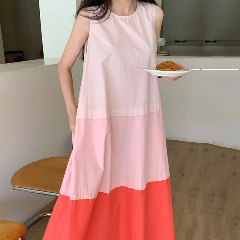 

Свободное повседневное контрастное платье-жилет без рукавов с круглым вырезом, женское дикое летнее минималистское платье