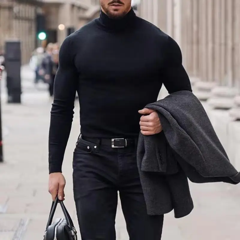 

Простая Осенняя Однотонная рубашка с воротником-хомутом, мужские деловые Топы с длинным рукавом, вязаный пуловер, зимние облегающие тянущи...