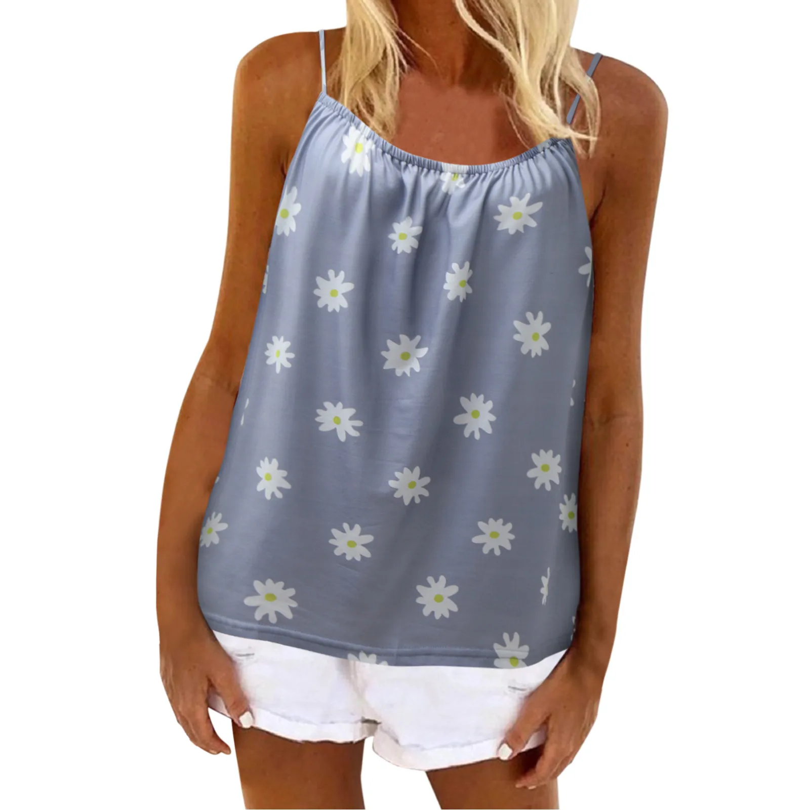 

Майка женская с цветочным принтом, топ на бретелях-спагетти, с круглым вырезом, свободная летняя одежда для девушек