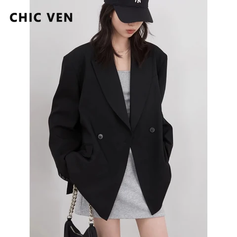 Женские пиджаки CHIC VEN, однотонные свободные двубортные офисные женские пиджаки с широкими плечами, пальто большого размера, весна-осень 2025