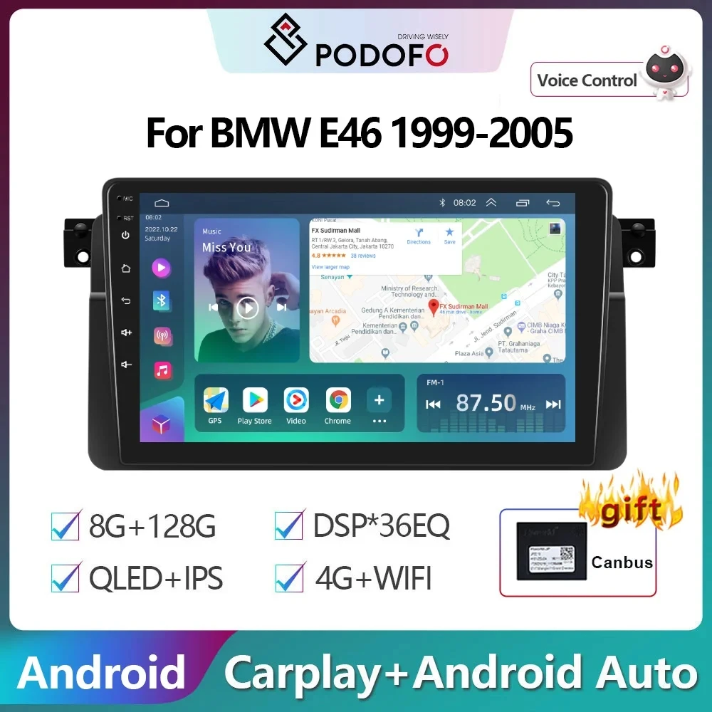 

Podofo 2 Din Android Autoradio Car Radio GPS Navigation Multimedia Video Player 4G WiFi DSP Carplay For BMW E46 1999-2005 Stereo