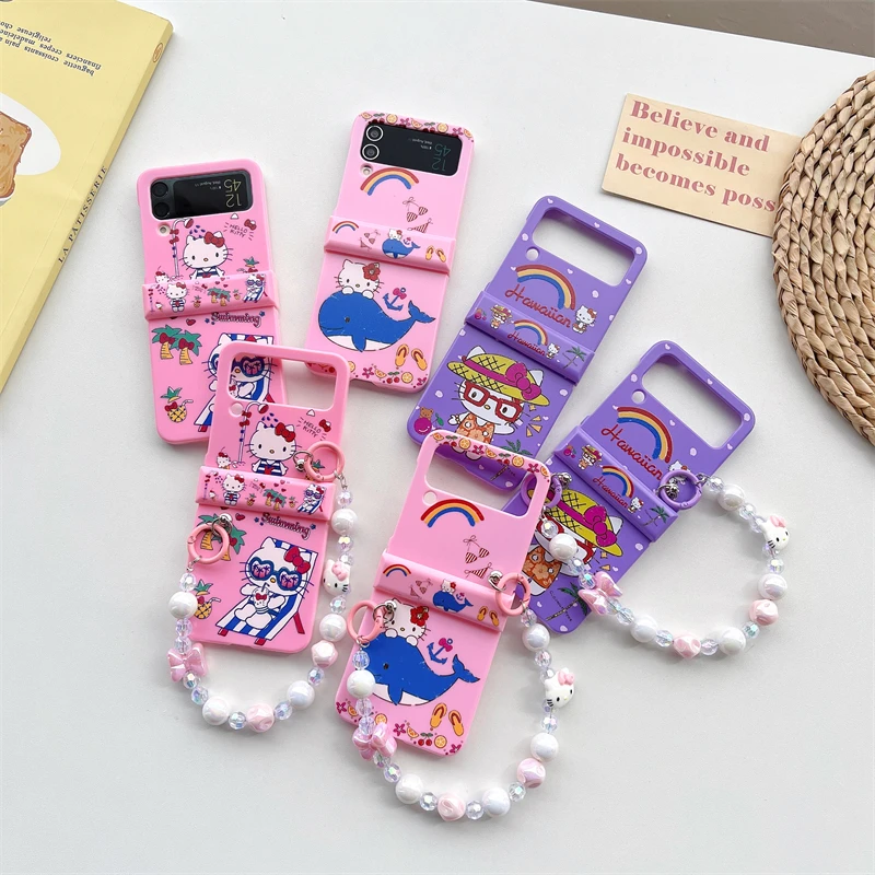 

Hawaii Sanrio Hello kitty cute pink hand chain Phone Case For Samsung Galaxy Z Flip 3 4 5G ZFlip3 ZFlip4 Flip3 Flip4 Cover