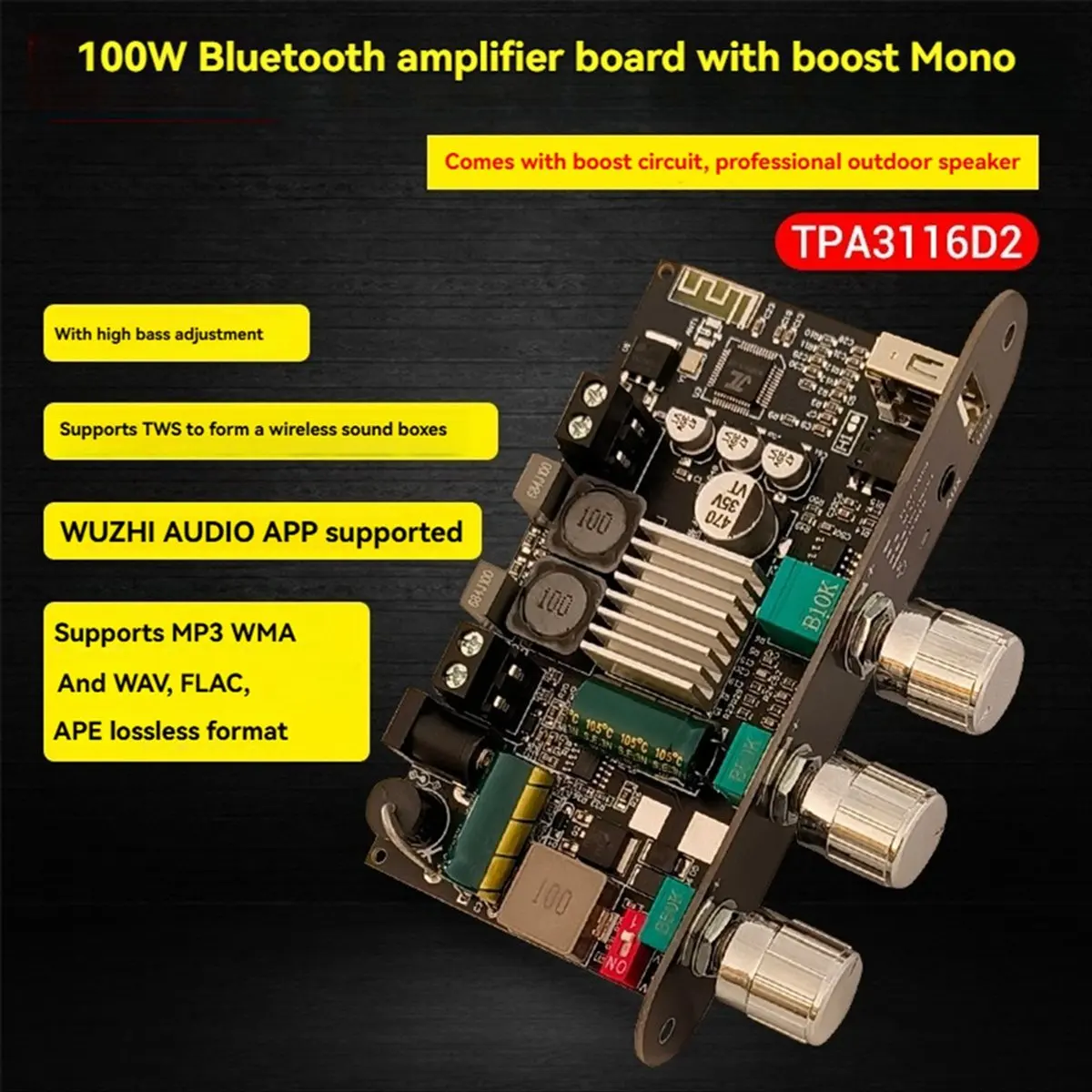Фото (BOFF) Плата аудиоусилителя TPA3116D2 100 Вт Bluetooth моно с регулировкой Hi-Bass и функцией Boost для самостоятельной сборки усилителя для колонок №4