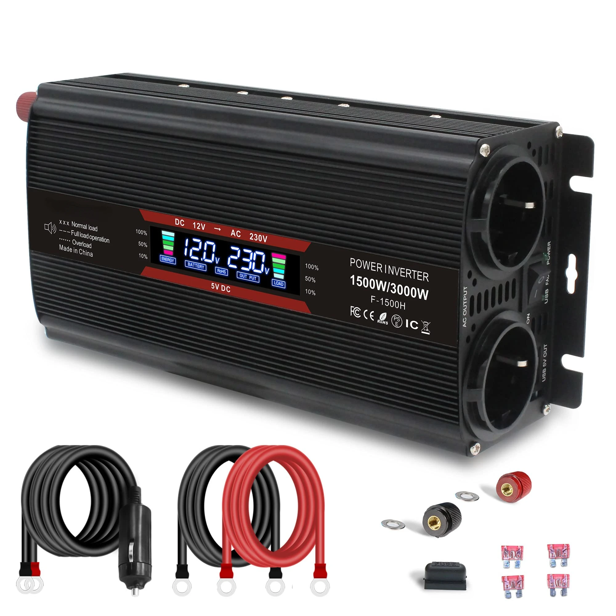 

LCD Power Inverter 3000W LCD Display DC 12V to AC 220V Solar 2 USB Car Transformer Convert EU Socket Modified Sine Wave