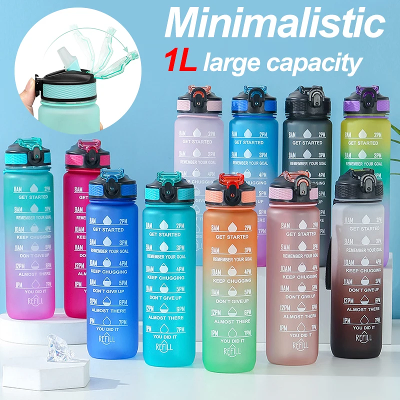 Botella de agua de gran capacidad, vaso de plástico para gimnasio al aire libre, con marcador de tiempo, motivacional, 1 litro
