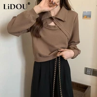 spring autumn korean style solid hollow out loose casual jumper women long sleeve sexy all match popularity pullover sweatshirt