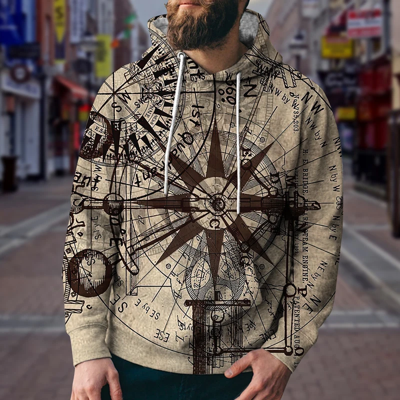 

Vintage 3D Print Men's Antique Nautical Map Compass Hip hop Hoodies Streetwear Sportswear Unisex Leisure Tracksuits Hoodie Tops