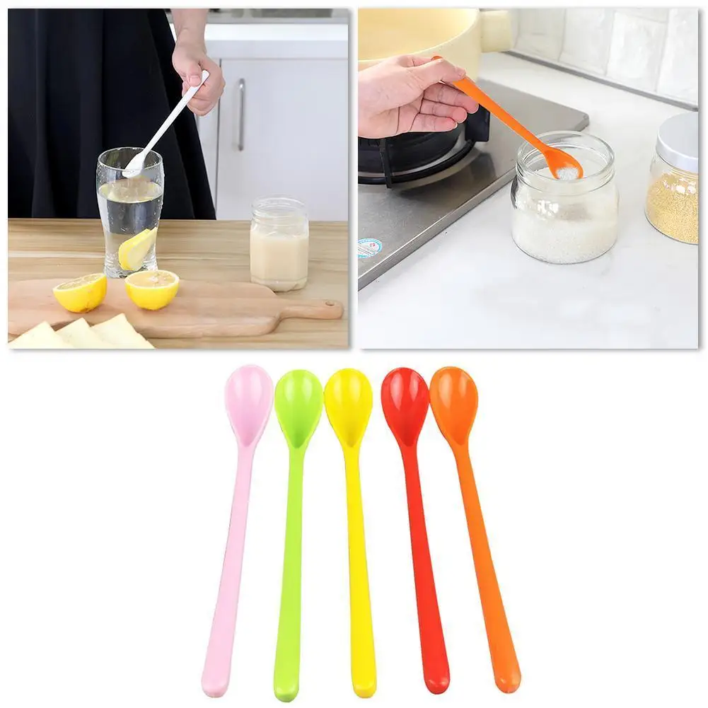 

5PCS Candy Color Plastic Tableware Flatware Stirring Coffee Kitchen Scoops Mixing Long Handle Dessert Spoons Dinner Tea Spoon