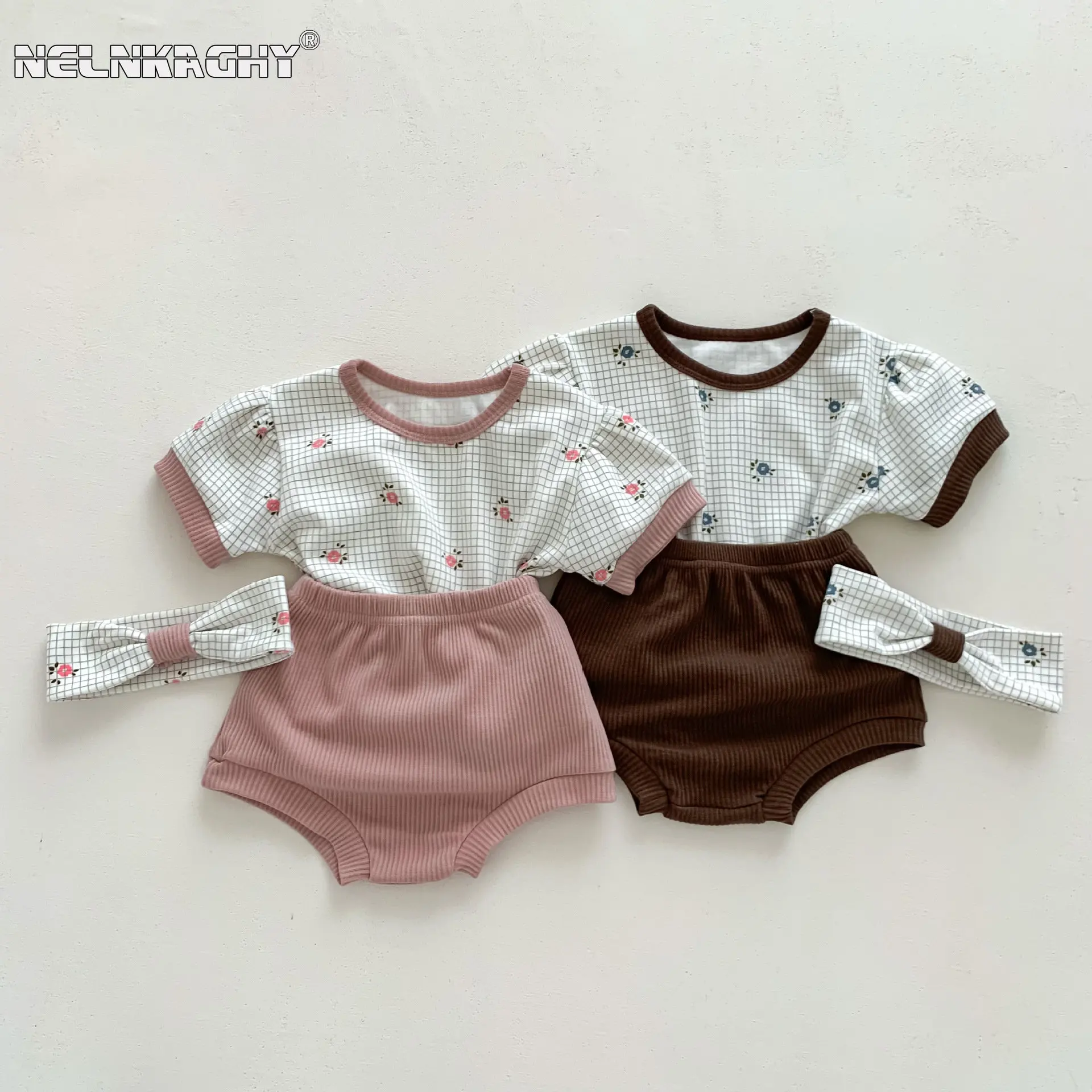

New In Summer Kids Baby Girls Short Sleeve Plaid Floral Top Tees+solid Shorts Toddler Infant Cotton Clothing Set Gift Headbands