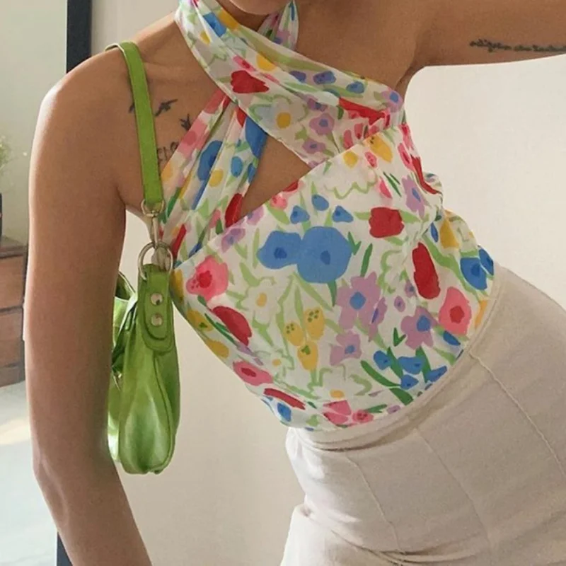 

Summer Sexy Bandage Women Clothing All-match Streetwear 2021 Fashion Floral Printed V-neck Halter Y2k Cottagecore Tank Tops Vest