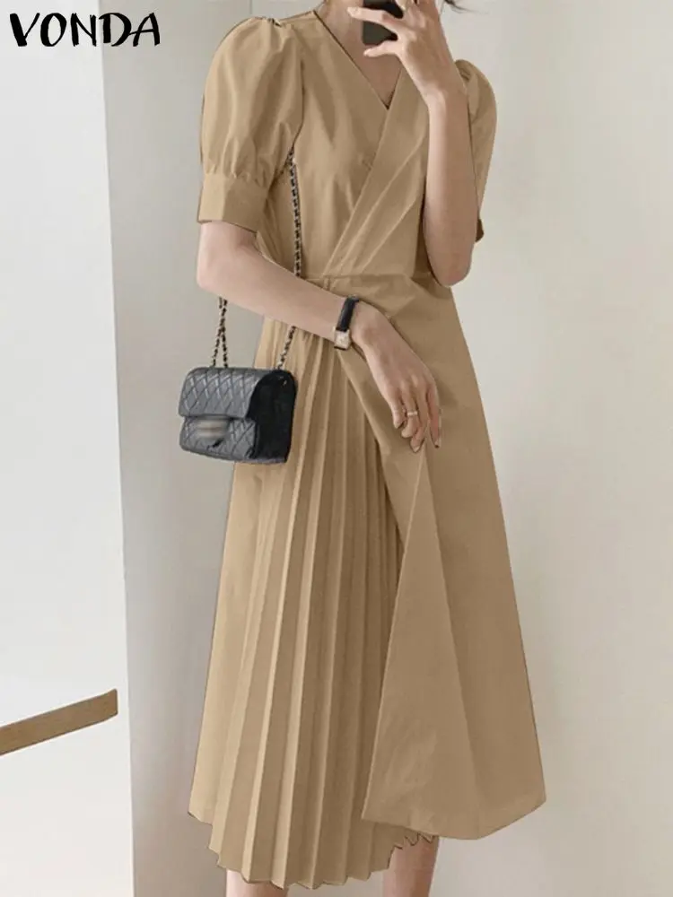 

VONDA Summer Women Sexy V Neck Long Dress Elegant Party Sundress 2022 Fashion Short Puff Sleeve Pleated Solid Holiday Robe Femme