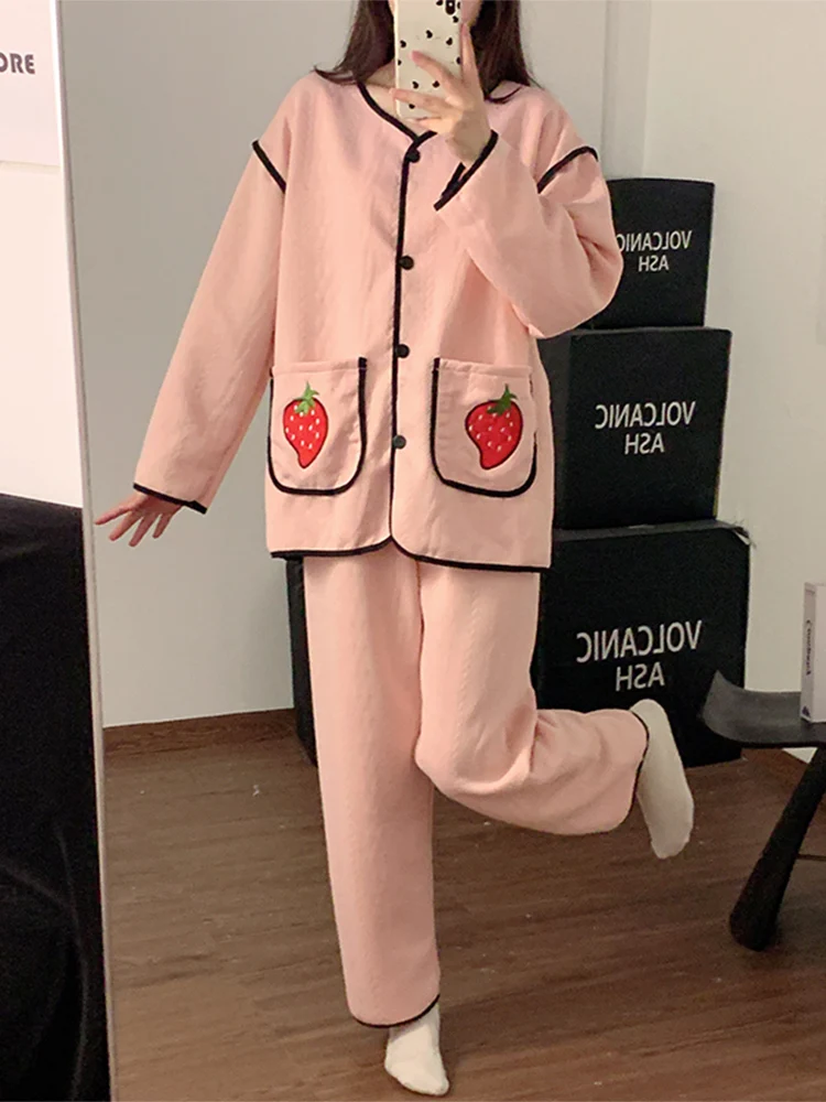 Пижамы женские весенне-осенние с длинными рукавами из чистого хлопка сэндвич 2024