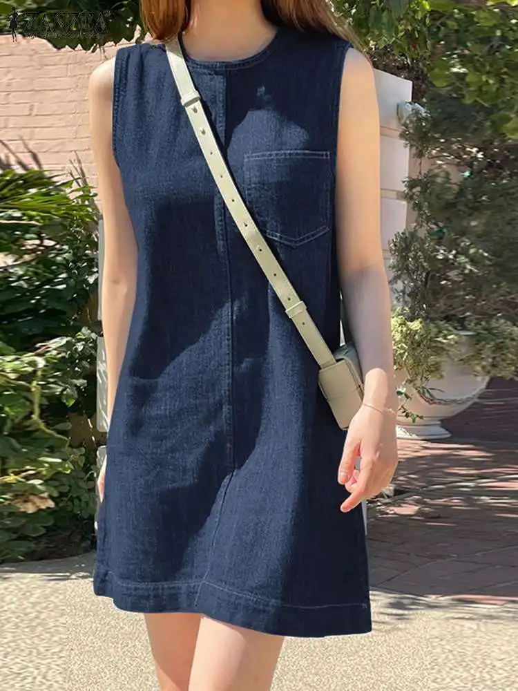 

ZANZEA Summer Vintage Denim Blue Tank Dress Woman Sleeveless O-Neck Robe Female Casual Solid Midi Vestidos Office OL Sundress