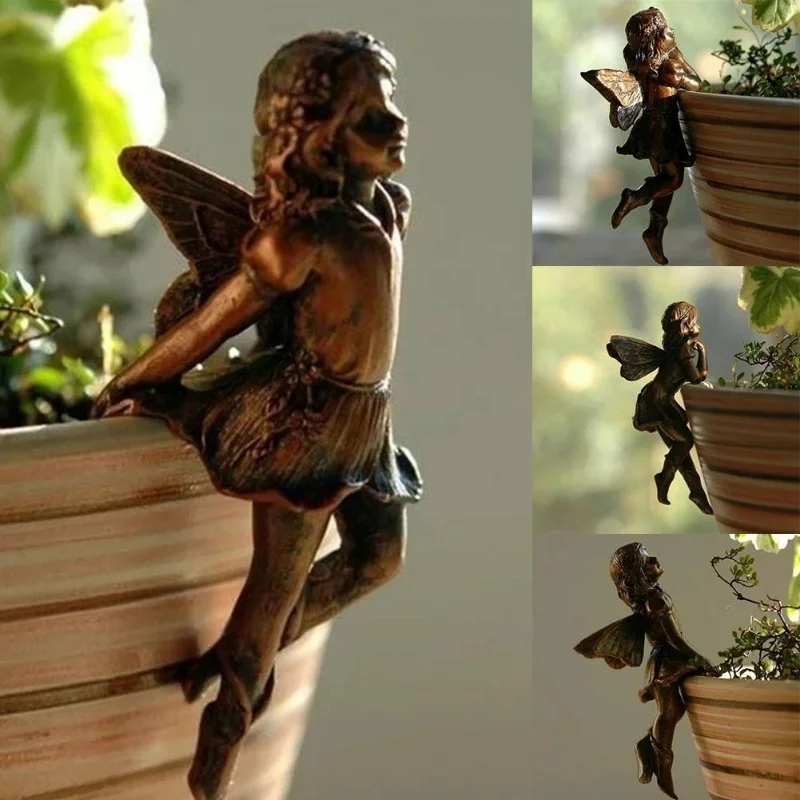 Mini Girl Hanging Cup Resin Decoration Fairy Combination Flower Basket Edge Decor for Garden Design Garden Pot Ornaments