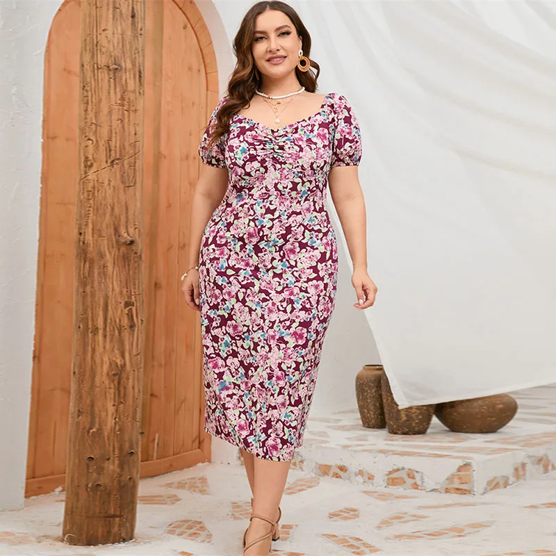 Plus Size Summer Dresses for Women 2023 Elegant Puff Sleeve Square Collar Floral Midi Formal Party Dress Ladies Dresses 4XL 5XL