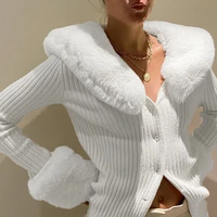 winter womens fur collar coat new long sleeved blouse retro elegant fashion sexy knit white blouse womens daily commuting wear