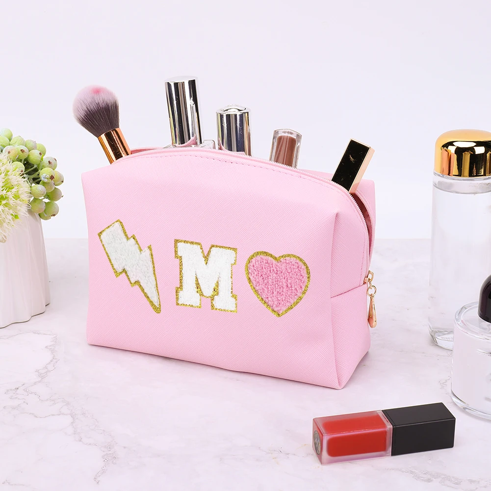 

PU Leather Initial Makeup Bag Large Capacity 4pcs Cute Makeup Pouch Zipper Chenille Patch Letter A M Preppy Stuff For Teen Girls