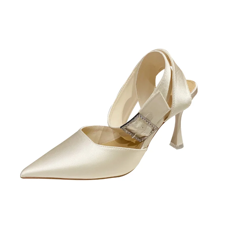 

2023 Summer New Rhinestone Buckle Ribbon High Heels for Women's Feet, Wrist Strap, Elegant Style, Baotou Sandals for Women