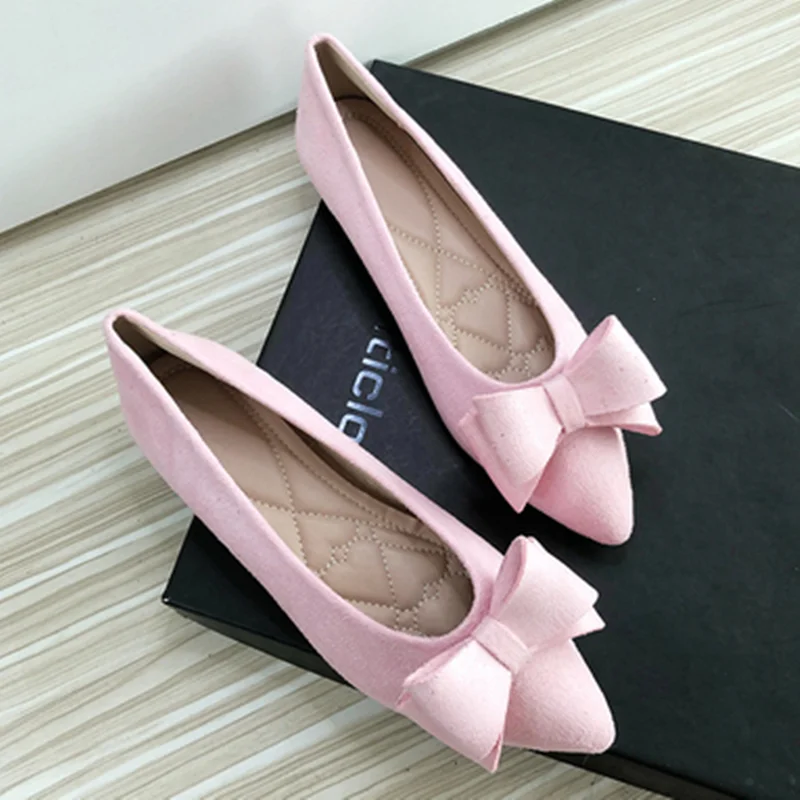 Feminino Bow Balerinas Cinderella Cute Sweet Flats Pointy Toe Dough Shoes Flock Leopard Brown Yellow Wide And Narrow Feet 32-48