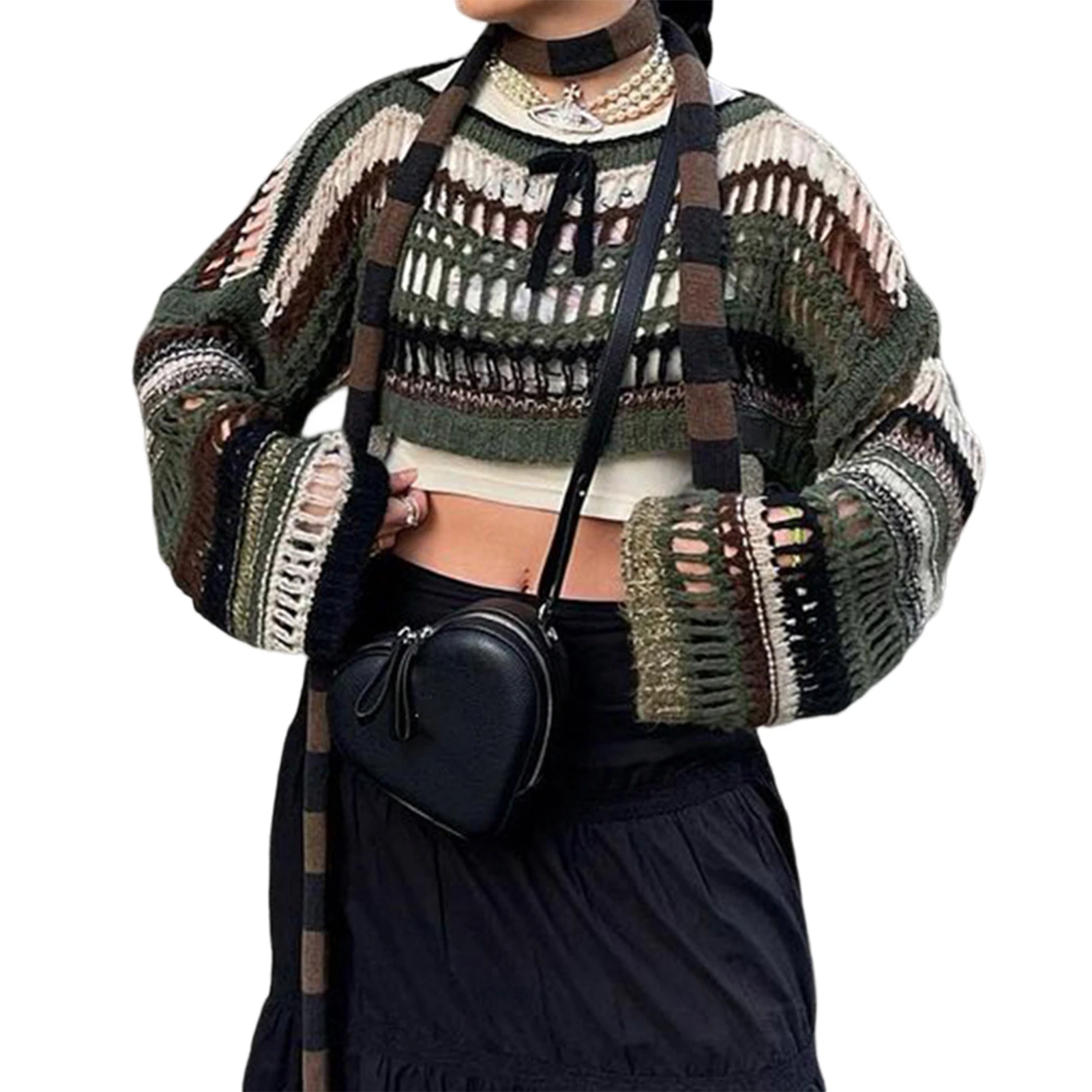 

Long Sleeve Pullover Hollow Out Loose Smock Top Fashion Stripe Y2K Causal Breathable Round Neck Simple for Girls Shopping Party