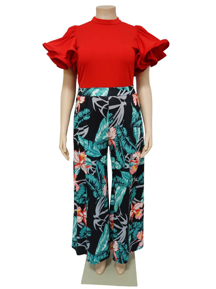 Plus Size New in Matching Sets Two Piece Outfits Summer Clothes Solid Shirts Tops and Print Pants Whol 3xl 4xl 5xl 6xl