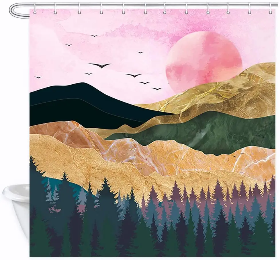 

Nature Landscape Shower Curtain Abstract Mountain Forest and Sunrise Polyester Fabric Bath Bathroom Curtains Set with Hooks